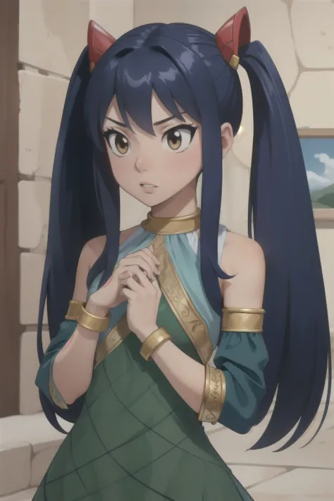 (work of art, best qualityer),  details Intricate,
 aawendy, long hair, twintails, hair ornament, bared shoulders, green dress, no-sleeves dress, bracelete, bracelet,
 grimy,