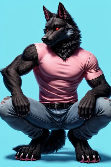 Male black wolf squat pose legs open furry claws on knees jeans and pink shirts blue pink background fluffy tail red eyes look sexy