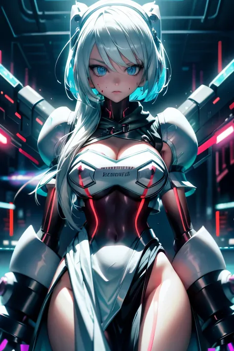 android girl,white hair,short and messy hair, purple neon eyes, holding a chain whip,chains on the hands,chains action, chains a...