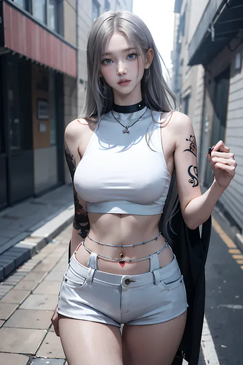 Beautiful college girl in the city，masterpiece，light makeup，Red lips，Silver Hair，Disheveled long hair，Street background，Grace，Grace。A masterpiece of ultra-fine detail，Authentic texture，Realism in film lighting，Perfect piece，8k，khd，Delicate facial features，...