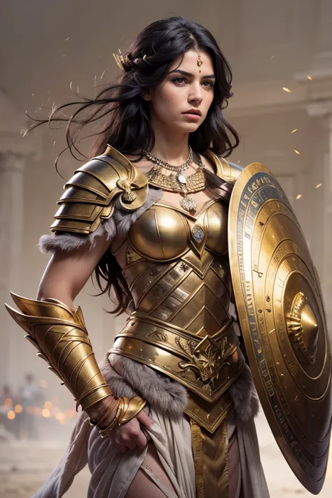 Goddess of war and wisdom, with ((black hair)) and ((gray eyes)), is fair-skinned, is tall and musclar, ((wears golden breastplate armor)), ((puts on an ancient greek helmet)), armed with a spear and a shield, looks brave and proud, battle stance, ready fo...