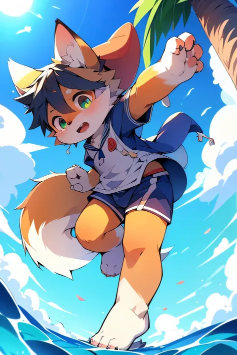 (Dagashi: 1.1)fox fur boy,Ocean,(Dynamic Angle)Highest quality,Highest quality,High quality illustrationasterpiece,Ocean blue landscape,Sailor suit,Furry