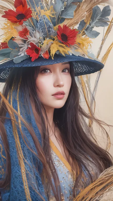 On a sketchbook page with subtle blue lines, a captivating and enigmatic woman gazes at the viewer with a gentle smile. Her long, dark hair cascades elegantly over her shoulders. She wears a black hat adorned with vibrant red, yellow, and purple flowers, c...