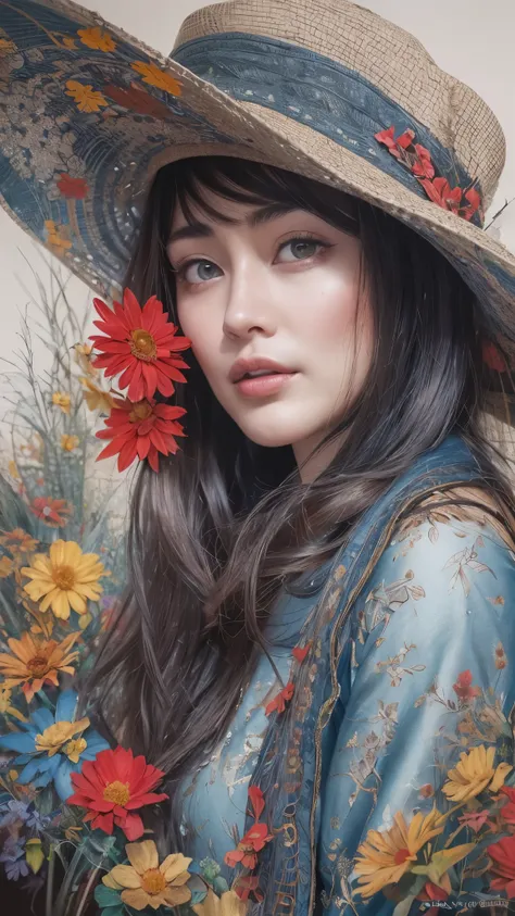 On a sketchbook page with subtle blue lines, a captivating and enigmatic woman gazes at the viewer with a gentle smile. Her long, dark hair cascades elegantly over her shoulders. She wears a black hat adorned with vibrant red, yellow, and purple flowers, c...