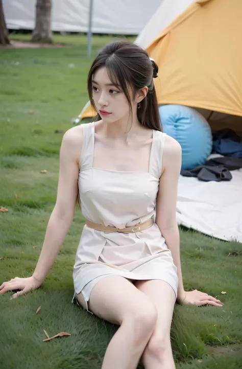 1 girl,Looking at the audience, Focus alone, Practical,Sitting on the grass，Sitting next to the tent