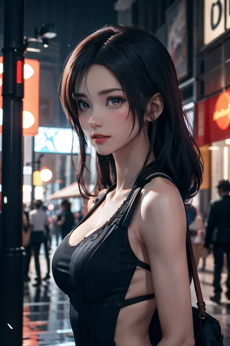 (((Browsing Caution:0.9)))，Large Breasts，Narrow waist，(Sexy Body)，Rainy night,city,A beautiful woman with gal makeup wearing a sports suit in the downtown area of Gintama, Surrounded by sellers, Beautiful portrait of a stunning goddess girl, Beautifully de...