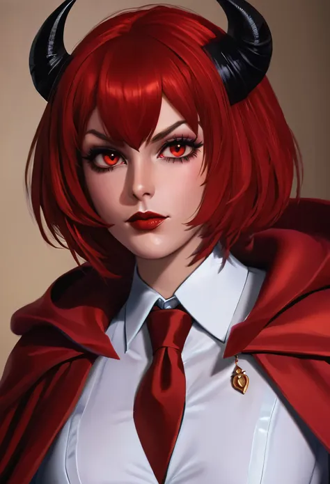 a picture of a female devil wearing barristers wig and cloak in courtroom, a devilishly beautiful devil, ((anatomically correct: 1.5), (ultra detailed face: 1.2), best detailed face, (red skin: 1.3), two black horns, wearing white button shirt, red tie, En...