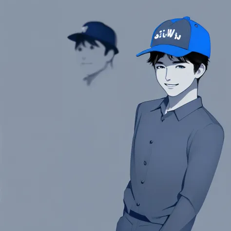 Black and white illustration、Blue workwear, top and bottoms、Blue work hat、A confident man stands alone、smile、Red background