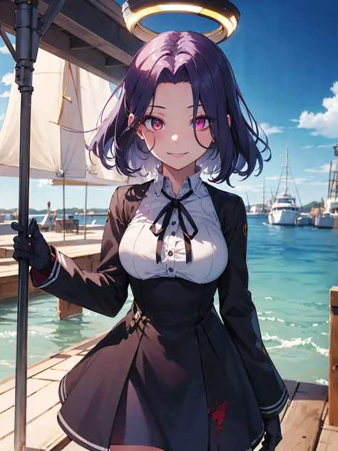 masterpiece, best quality, highres, mechanical halo, large breasts, black dress, neck ribbon, long sleeves, black gloves, outdoors, cowboy shot, standing, holding weapon, polearm,smile,,harbor_town,purple_half_eyes,(scornful eye:1.4)