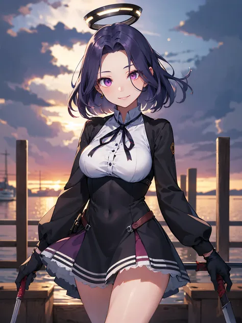 masterpiece, best quality, highres, mechanical halo, large breasts, black dress, neck ribbon, long sleeves, black gloves, outdoors, cowboy shot, standing, holding weapon, polearm,smile,,harbor_town,purple_half_eyes,(scornful eye:1.4)