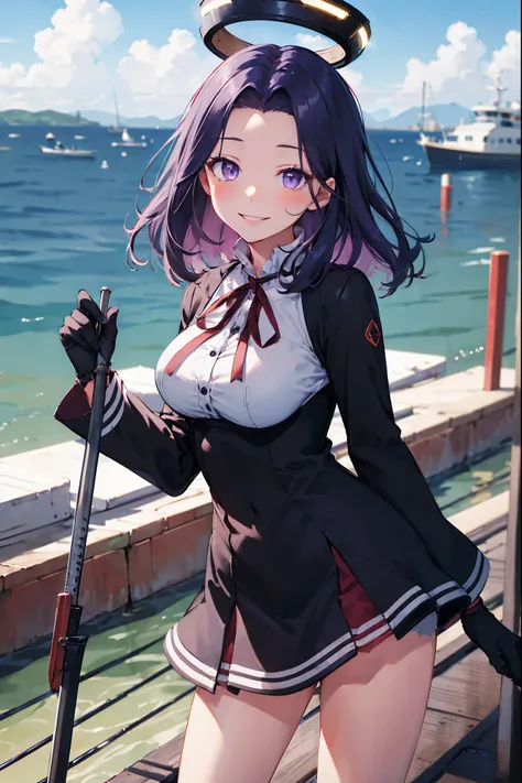 masterpiece, best quality, highres, mechanical halo, large breasts, black dress, neck ribbon, long sleeves, black gloves, outdoors, cowboy shot, standing, holding weapon, polearm,smile,,harbor_town,purple_half_eyes,