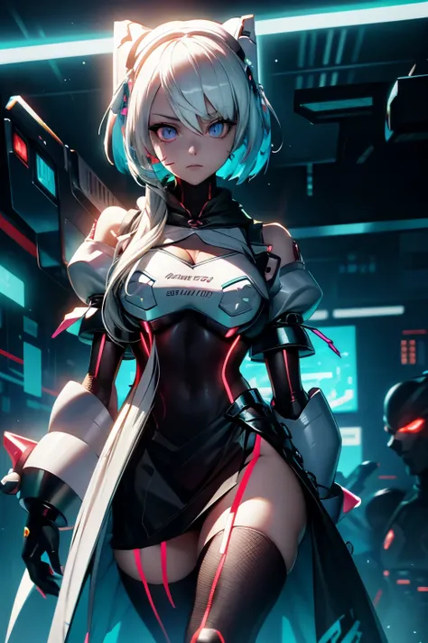 android girl,white hair,short and messy hair, purple neon eyes, holding a chain whip,chains on the hands,chains action, chains a...