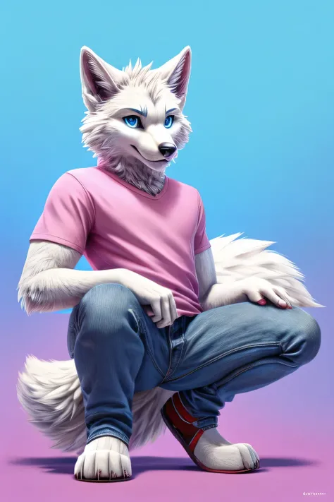 Male white wolf furry squat pose legs open look front blue pink background blue eyes blue pink background jeans and pink shirts fluffy tail