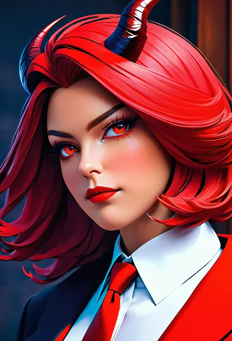 a picture of a female devil wearing barristers wig and cloak in courtroom, a devilishly beautiful devil, ((anatomically correct: 1.5), (ultra detailed face: 1.2), best detailed face, (red skin: 1.3), two black horns, wearing white button shirt, red tie, En...