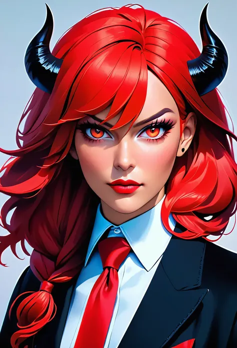 a picture of a female devil wearing barristers wig and cloak in courtroom, a devilishly beautiful devil, ((anatomically correct: 1.5), (ultra detailed face: 1.2), best detailed face, (red skin: 1.3), two black horns, wearing white button shirt, red tie, En...