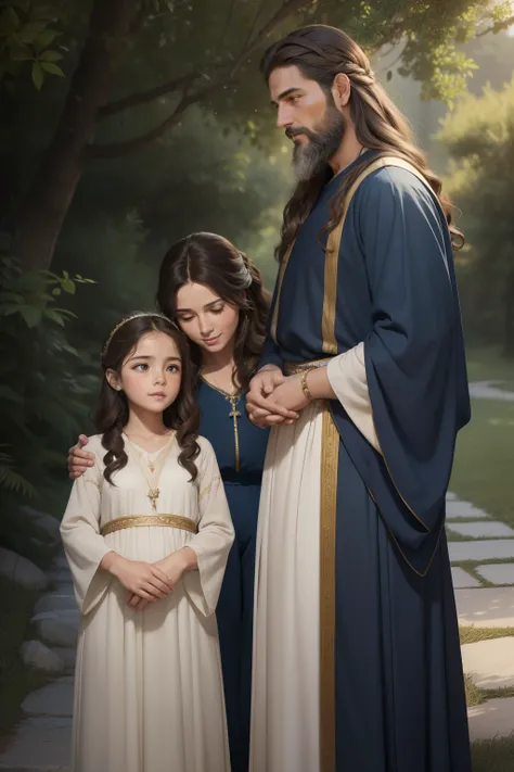 In the heart of a serene and lush landscape, a realistic biblical family is depicted. The father, with a strong and noble appearance, has a well-groomed beard and piercing blue eyes. He is dressed in simple yet elegant clothing, reflecting the humility and...