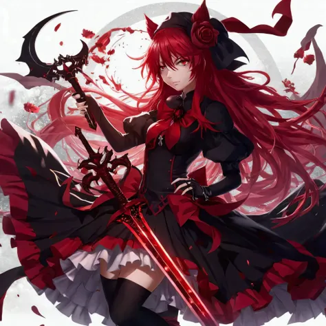 anime girl with red hair and black dress holding a sword, rias gremory, gothic maiden anime girl, demon anime girl, from arknights, nightcore, crimson darkness, beautiful fantasy anime, shalltear bloodfallen, anime art wallpaper 8 k, crimson themed, anime ...