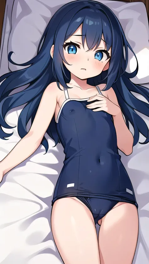 small breasted girl, short, elementary school student,  blue hair, long hair, blue eyes, round eyes, shy, shy, bed, naked, short, young face, short height,  has a buttock，nipples are visible，pussy are visible，(flat chest:1.2)，，spread pussy，lying on back ，c...