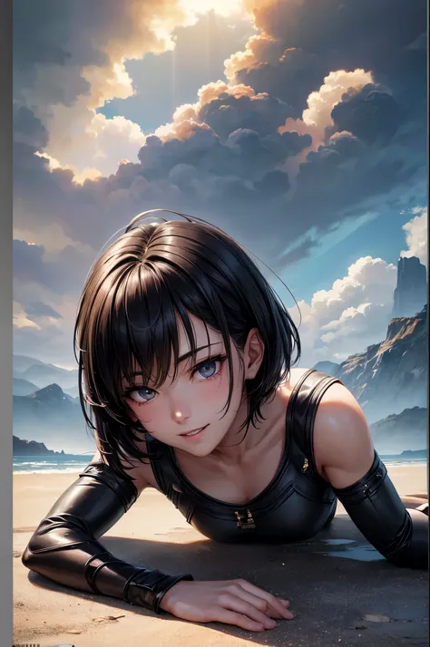 8k、On all fours alone,16 year old big breasted beauty,Super Beauty(Like the real thing),Iris,super beautiful teenager,Black short bob hair,黒と赤のSexy Exterior,Black trousers,Golden decoration,Demon Slayer: Androgynous Beauty,A wonderful work of art、Wind effe...