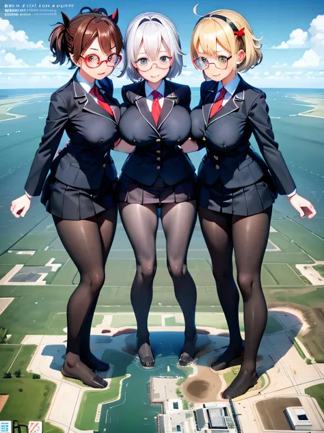 multiple girls, 3girls, standing, giantess art, highly detailed giantess shots, giantess, most detailed, perfect face, Two legs, Five fingers, short hair, A high school girl who is bigger than a skyscraper, Wearing rimless glasses, smile, huge breasts, Nav...