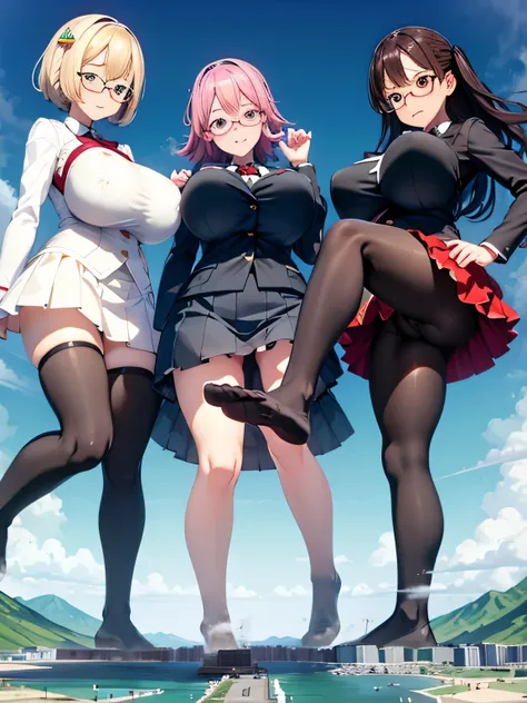 multiple girls, 3girls, standing, giantess art, highly detailed giantess shots, giantess, most detailed, perfect face, Two legs, Five fingers, short hair, A high school girl who is bigger than a skyscraper, Wearing rimless glasses, smile, huge breasts, Nav...