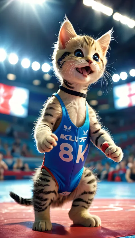 ((8k)), highest quality, 超High resolution, (High resolution), Olympic Wrestling, Kitten wearing a singlet, Wrestling Arena, , Loud cheers from the audience