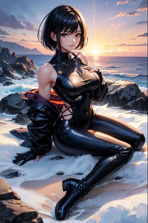 8k、On all fours alone,16 year old big breasted beauty,Super Beauty(Like the real thing),Iris,super beautiful teenager,Black short bob hair,黒と赤のSexy Exterior,Black trousers,Golden decoration,Demon Slayer: Androgynous Beauty,A wonderful work of art、Wind effe...