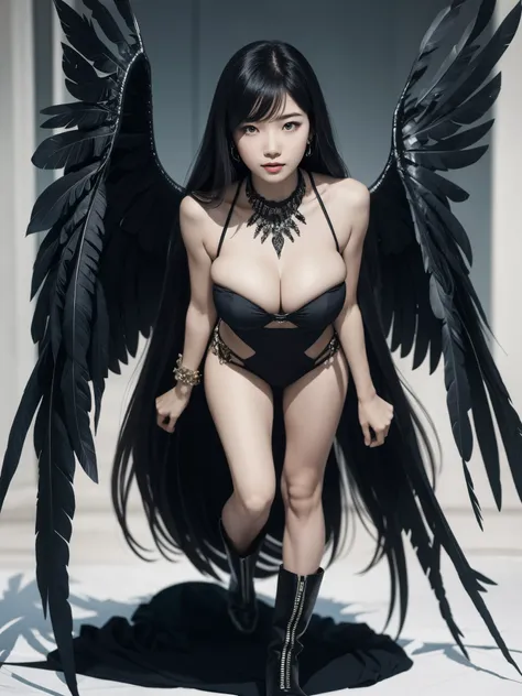 1girl, full body, (black theme), tube top, wide legs cullot, boots, (muscular:0.6), detailed face, looking at viewer, (wing embellishment, detailed feather), very long hair, middle-parted bangs, gigantic breasts,