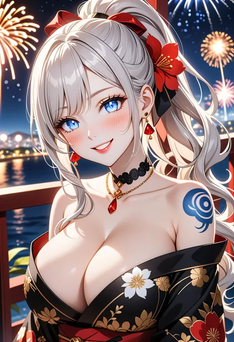 ultra-detailed, ((one girl)), (pale skin:1.5),  fair-skinned gyaru, ((Girl in black kimono)),  (heavy makeup), (professional lighting), hyper detailed, absurdres, 8k, Beautiful Face, (Laugh shyly), ((teasing smile:1.2)), ((happy smile:1.4)),  ((Wink:1.4)),...