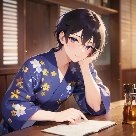 side angle, (looking away:1.5), upper body、
masterpiece、Highest quality、
(25-year-old male:1.5) and(Black short hair) and (blue eyes), 
yukata,smile,The background is the banquet hall、（alone:1.5）