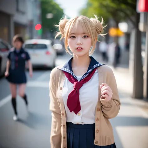 （blonde、himiko toga、White uniform shirt、Navy blue uniform skirt、cardigan、Red scarf、Dark eyeshadow、Patsun、Twin tails、Bunhead、Thin eyebrows、Black socks、Black Loafers））、Browsing Caution、masterpiece、最high quality、high quality、growing up、Beautiful poop、High res...