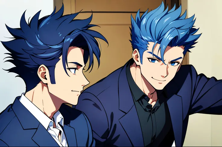 (high-quality, breathtaking), (expressive eyes, perfect face) 1boy, male, solo, dark blue color hair, blue color, curly spiky hair, medium hair length, cute face, masculine face, suit, shirt, fully body, happy expression, smile, side view, side prfile, fac...