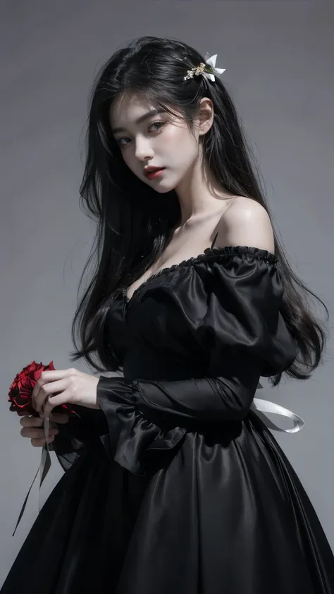 Create a stunning portrait of a young woman standing outdoors, (holding a bouquet of roses). She has long, straight black hair adorned with a white ribbon bow and is wearing an elegant off-shoulder (black dress with puffed sleeves), (black dress), cleavage...