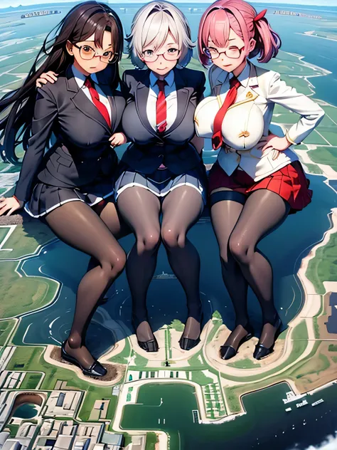 multiple girls, 3girls, standing, giantess art, highly detailed giantess shots, giantess, most detailed, perfect face, Two legs, Five fingers, short hair, A high school girl who is bigger than a skyscraper, Wearing rimless glasses, smile, huge breasts, Nav...