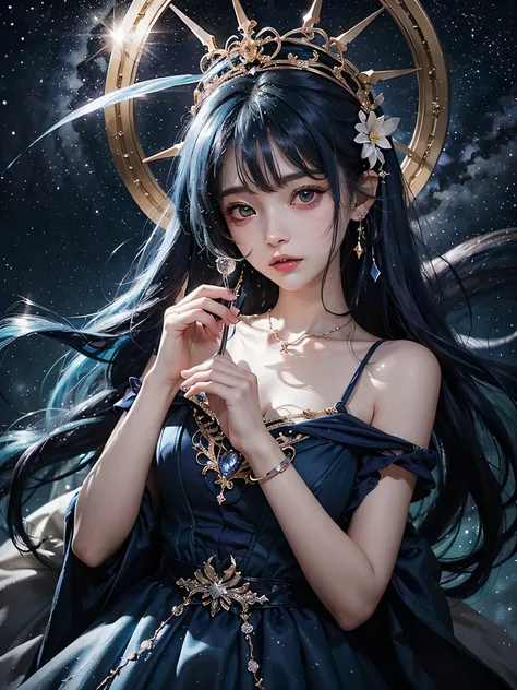 ultra HD、A beautiful blue-haired character、Upper Body、Big eyes like a 、Big eyes、Round eyes、Fortune teller with crystal、Holding the crystal in both hands、Red burning cheeks、Night scene with starry sky background、Wearing a gorgeous dress、Subtle details、A fan...
