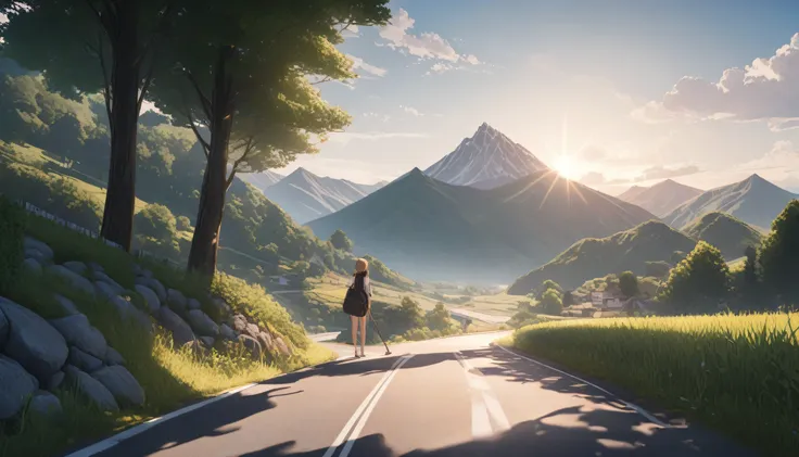 ultra-detailed, (professional lighting) hyper detailed, absurdres, 8k, noon, summer, Mountain road in the countryside