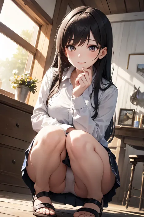 very cute and beautiful girl,(Very detailed美しい顔), (smile),blush,Black Hair,Seraphim,((White Hair、long hair)),(White Shirt、Pleated navy blue pread your legs、Squat)、Sitting、(From below)、(Lace panties), Country road, (Highest quality,masterpiece:1.0),Absurd,H...