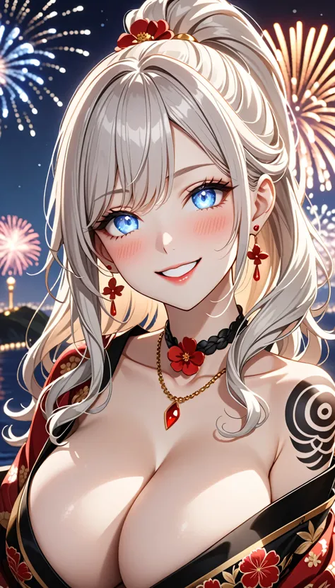 ultra-detailed, ((one girl)), (pale skin:1.5),  fair-skinned gyaru, ((Girl in black kimono)),  (heavy makeup), (professional lighting), hyper detailed, absurdres, 8k, Beautiful Face, (Laugh shyly), ((teasing smile:1.2)), ((happy smile:1.4)),  ((Wink:1.4)),...