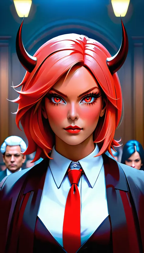 a picture of a female devil wearing barristers wig and cloak in courtroom, a devilishly beautiful devil, ((full body shot: 1.5)), ((anatomically correct: 1.5), (ultra detailed face: 1.2), best detailed face, (red skin: 1.3), two black horns, wearing white ...