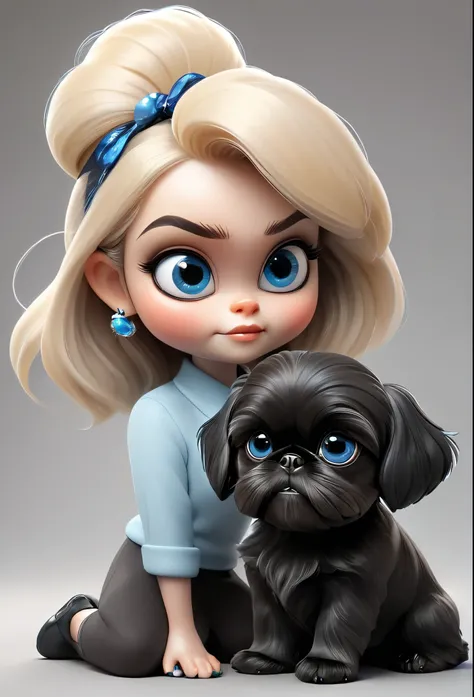 2 adorable very small very black Shih Tzu puppies with big bright blue eyes mischevious stealing shoes from small cute blonde mom 3D Pixar style
