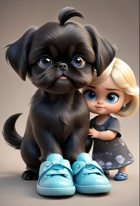 2 adorable very small very black Shih Tzu puppies with big bright blue eyes mischevious stealing shoes from small cute blonde mom 3D Pixar style
