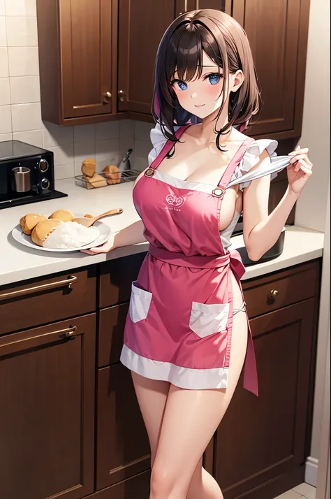 sexy girl stands in the kitchen in a colorful apron stained with flour