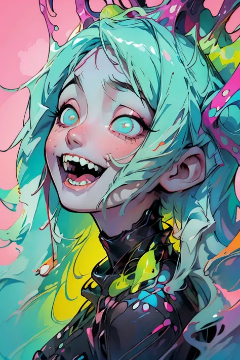 toxic liquid style, hatsune miku, (masterpiece, best quality, 1girl, solo), portrait, detailed eyes, very long hairs,  open mouth, space on background