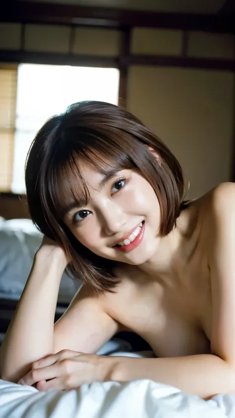 (8k、RAW Photos、Highest quality、masterpiece:1.2)、((Smiling with teeth showing、Caramel colored hair、Short Hair:1.3))、((naked、Nipples、pubic hair、Large Breasts))、(Realistic、Realistic)、1 girl、(naked、Old Japanese-style room、On the bed、Sleeping facing up、Look at ...