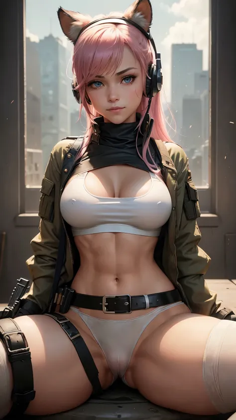 (Beautiful mercenary girl: 1.5), pretty girl, pretty face, sexy girl, young girl, 20 years old, pink hair, blue eyes, beautiful smile, long hair, straight hair, big breasts, very thin waist, wide hips, gap between thighs, (she is wearing a white top, short...