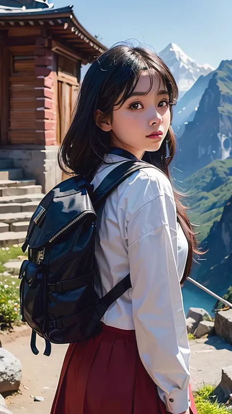 arafed woman with camera and backpack standing in front of a village, young himalayan woman, with a backpack, dora the explorer as real girl, national geographic photoshoot, beautiful himalayan woman, actress, national geographic photo shoot, illustration!...