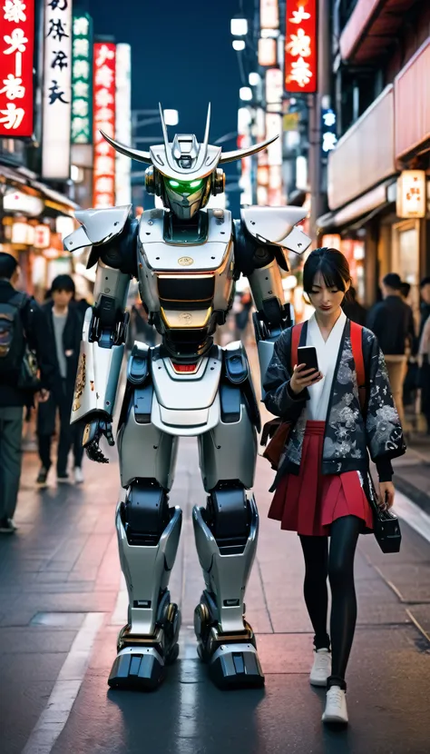 Girl walking on the street holding a phone texting, , walking next to a highly detailed and realistic samurai robot bodyguard with humanoid features. The setting is an urban street that appears to be in Japan, with a background of bright city lights and si...