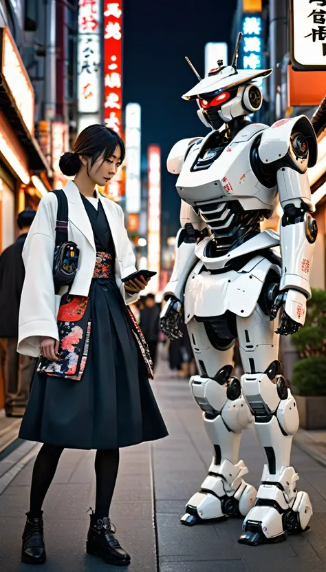 Girl walking on the street holding a phone texting, , walking next to a highly detailed and realistic samurai robot bodyguard with humanoid features. The setting is an urban street that appears to be in Japan, with a background of bright city lights and si...