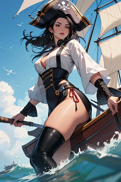 ((best qualityer)), ((work of art)), (detailded), 1 girl, busty, pinks, black hair, his skin is black. floating. in pirate costume