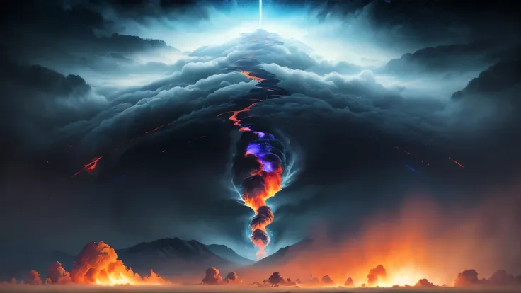 ((best quality)), ((masterpiece)), (detailed), A digital illustration of multiple weather patterns, including heatwave, wind, and fog, occurring simultaneously with a heatwave eruption in the background.